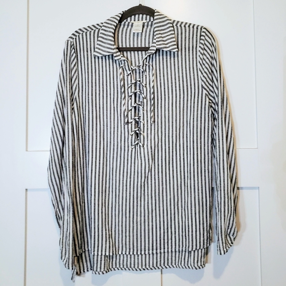 Promesa USA Cotton Top Lace Up Striped White Charcoal Gray Semi Sheer Size Large